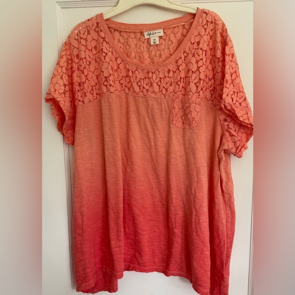 Style & Co. Woman Coral Lace-Yoke Ombre Top Coral Bliss Blouse Size 3X